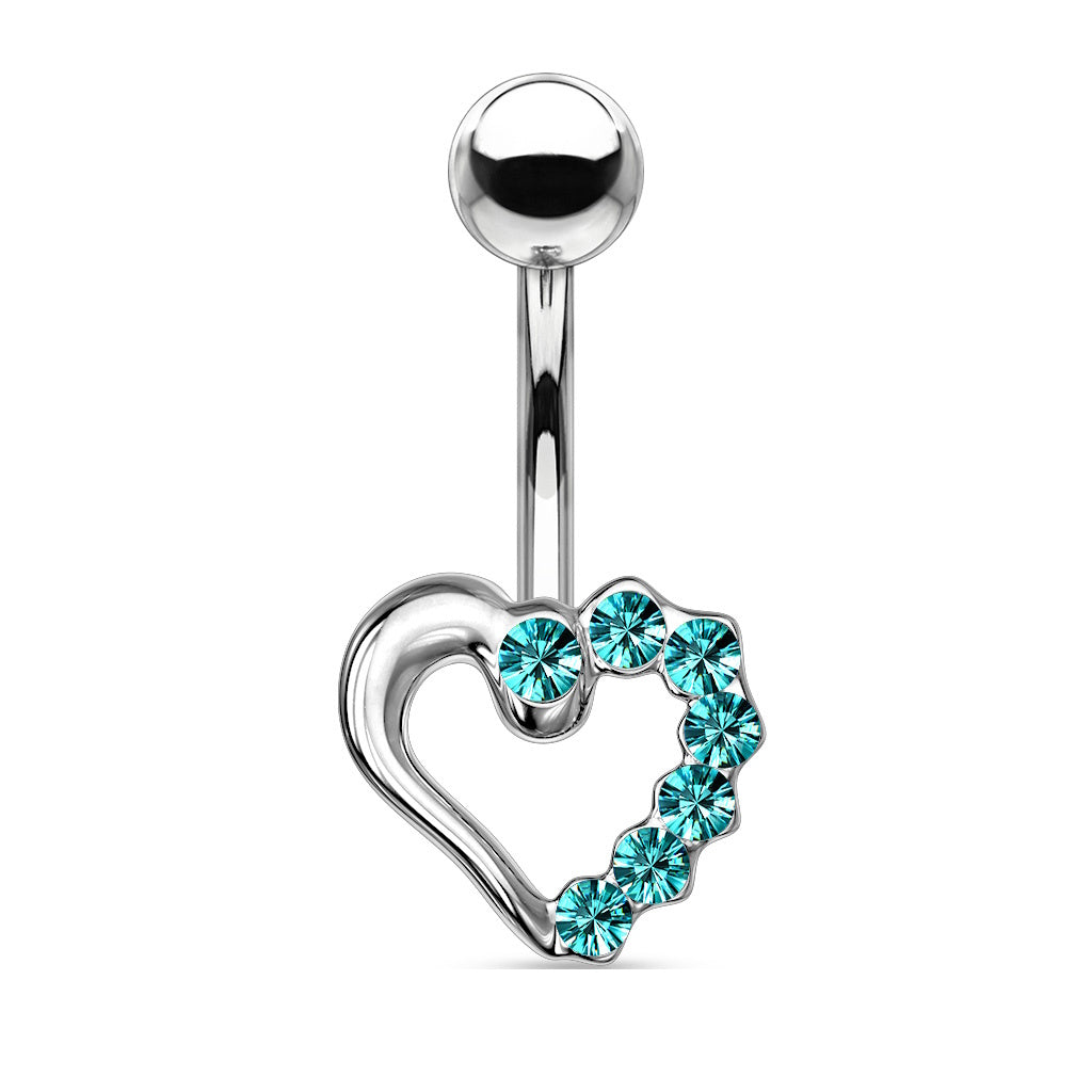 Hollow heart-shaped belly button ring with aqua gemstones on a white background.