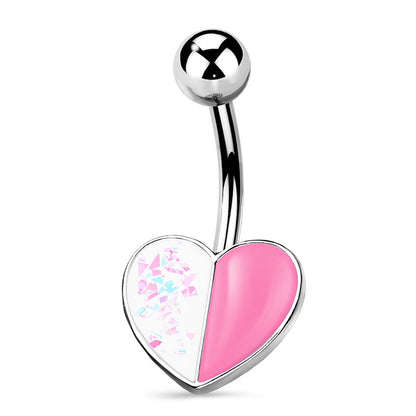 Two Tone Opal Glitter Enamel Heart Belly Ring 14G 316L Surgical Steel