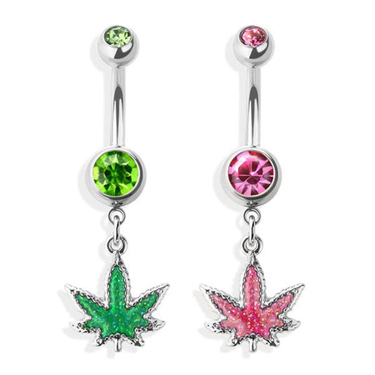 Marijuana Leaf CZ Dangle Belly Button Ring 14G 316L Surgical Steel Green Pink
