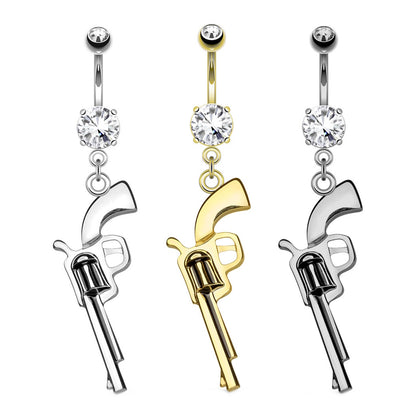 Revolver Gun Dangle Belly Button Ring 14G 316L Surgical Steel Hematite