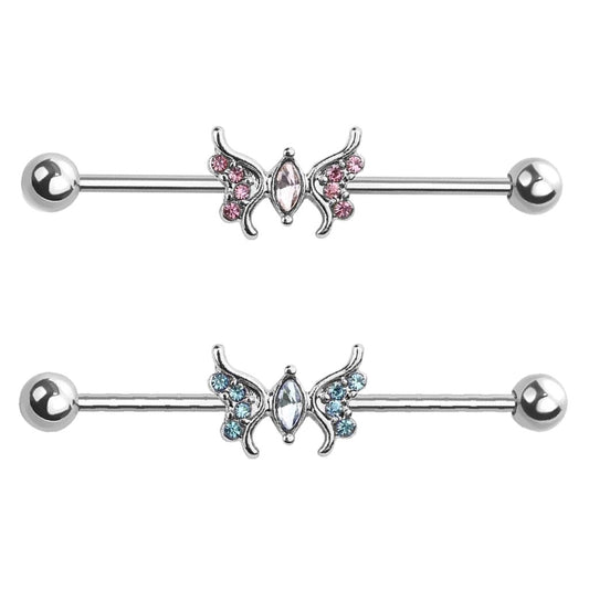 Detailed Cubic Zirconia Butterfly Industrial Barbell 14G 316L Surgical Steel