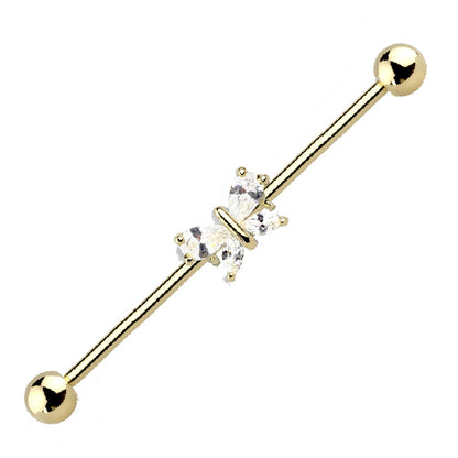 Cubic Zirconia Butterfly Industrial Barbell 14G 316L Surgical Steel