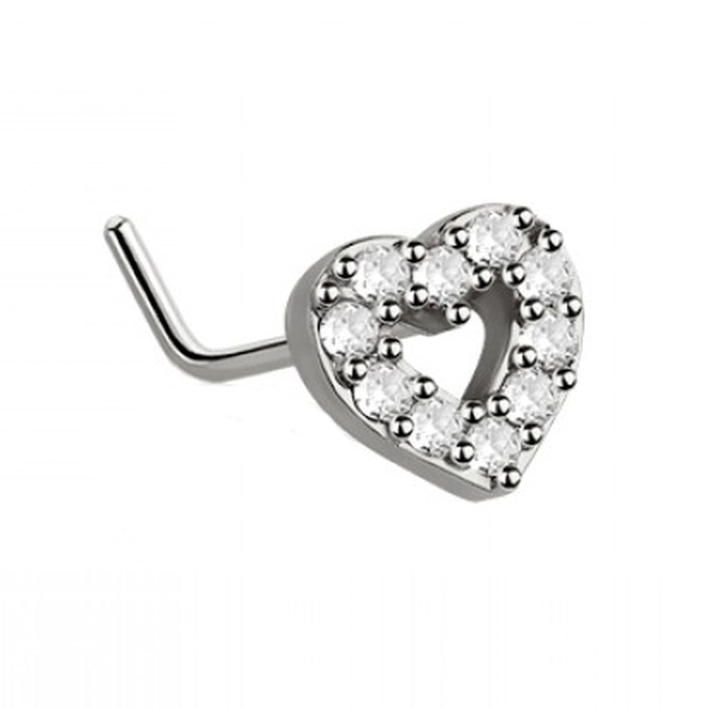 Open Heart CZ L Bend Nose Ring 20G 1/4" 316L Surgical Steel