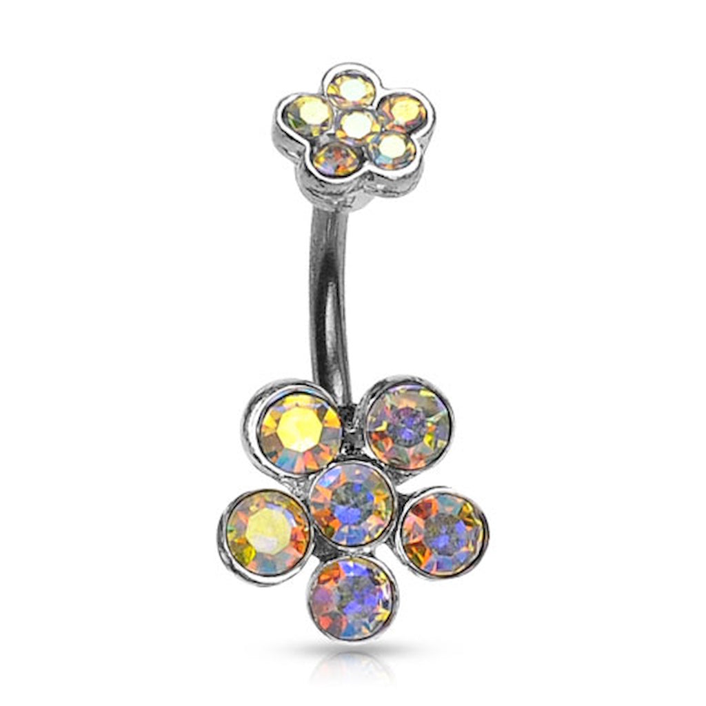 A flower belly button ring with aurora borealis gemstone petals on a white background.