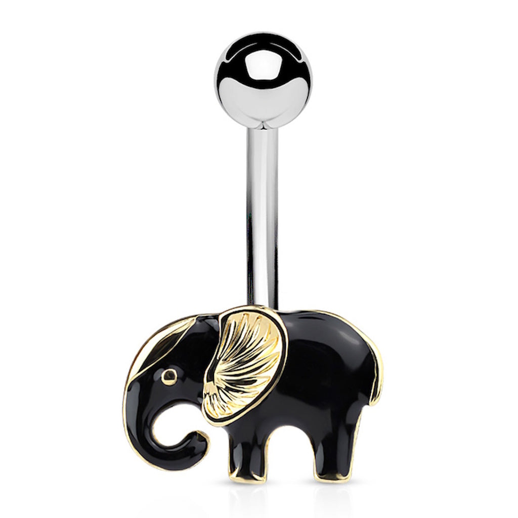 A black enamel and gold tone elephant belly button ring pictured on a white background.