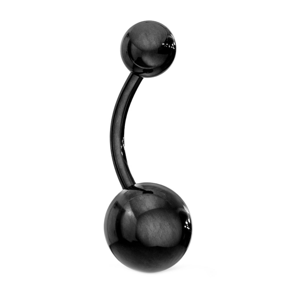 Black belly button ring with a curved design on a white background