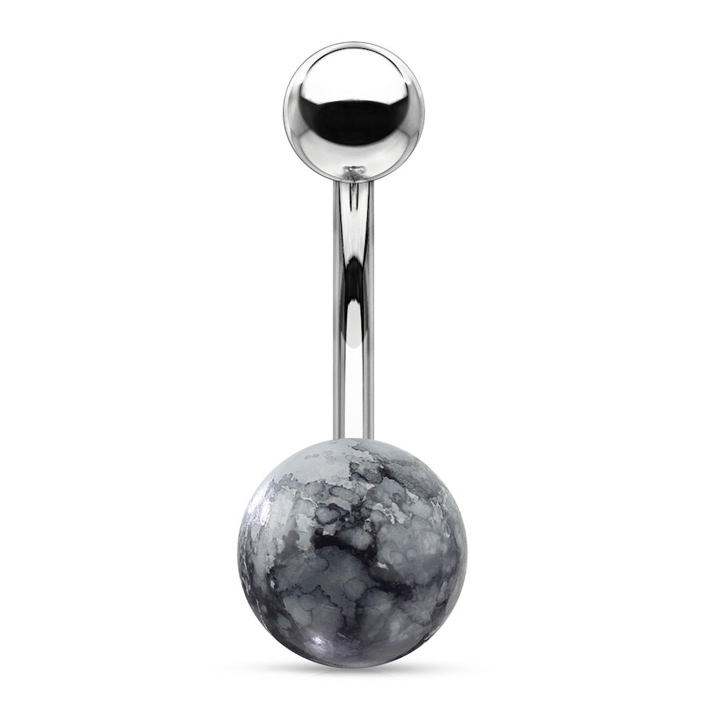 A black faux dazzle cracked stone belly button ring pictured against a white background.