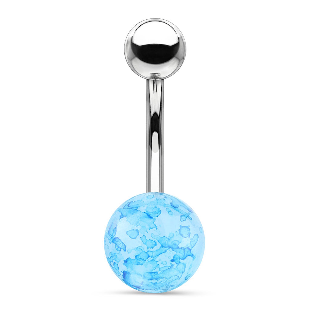 A blue faux dazzle cracked stone belly button ring pictured against a white background.