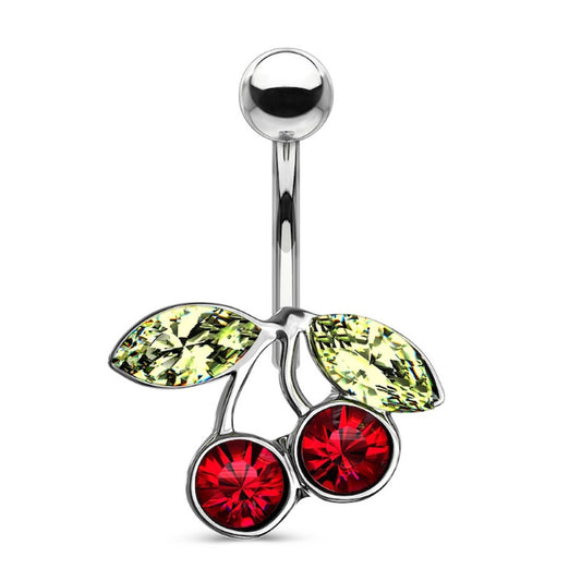 Cherry Red Green CZ Belly Ring 14G 316L Surgical Steel on a white background.