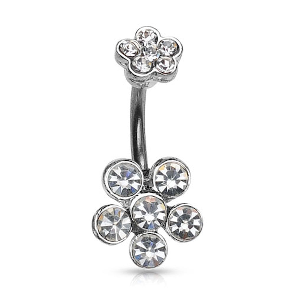 A flower belly button ring with clear gemstone petals on a white background.