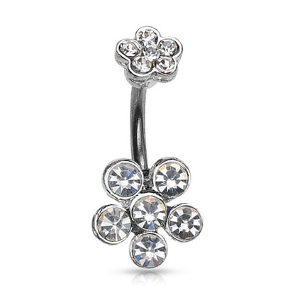 A flower belly button ring with clear gemstone petals on a white background.