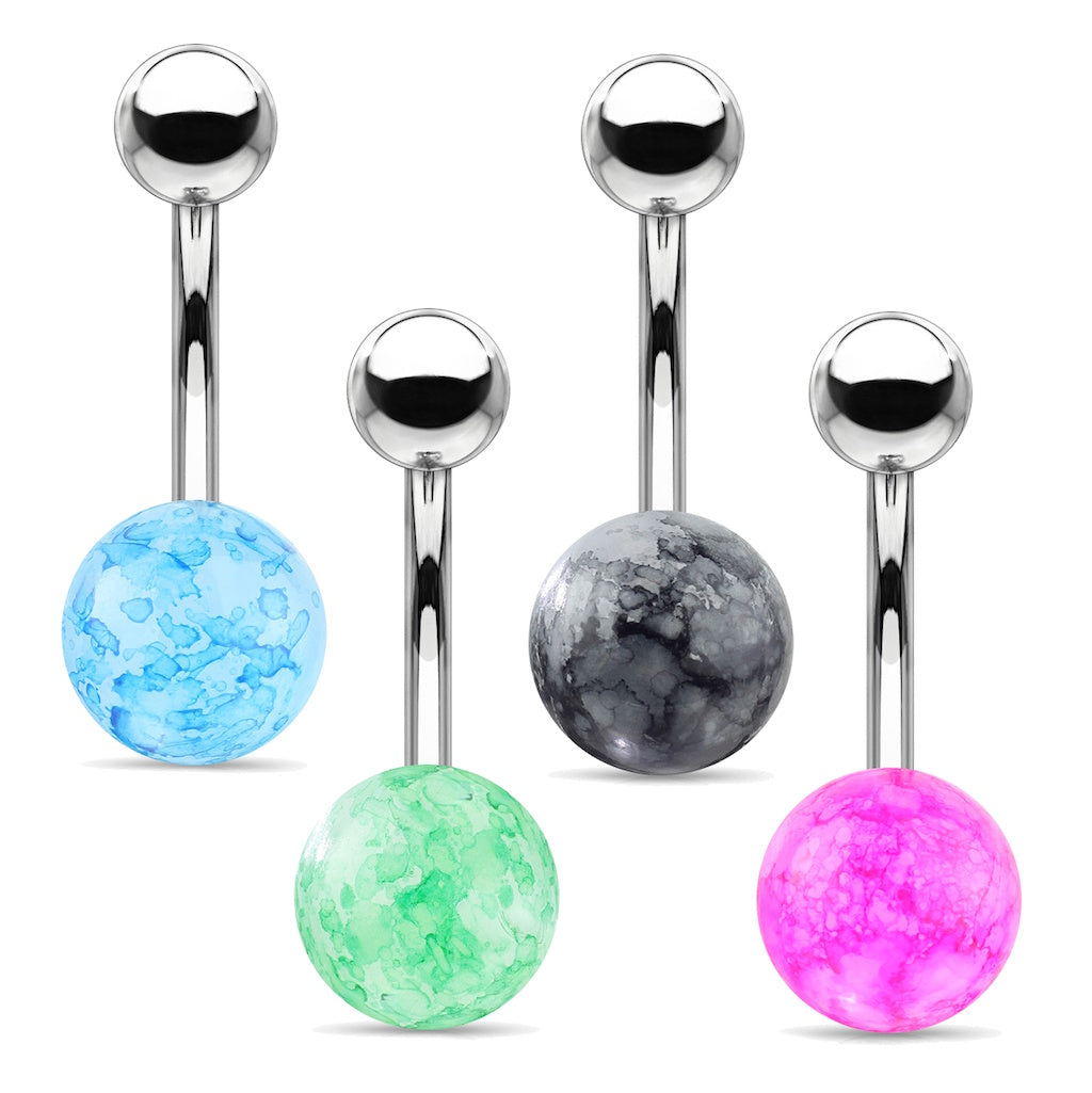 Four colors of faux dazzle cracked stone belly button rings pictured against a white background.