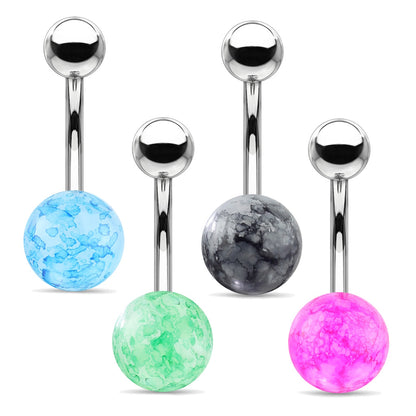 Four colors of faux dazzle cracked stone belly button rings pictured against a white background.