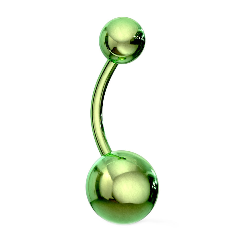 Green belly button ring on a white background