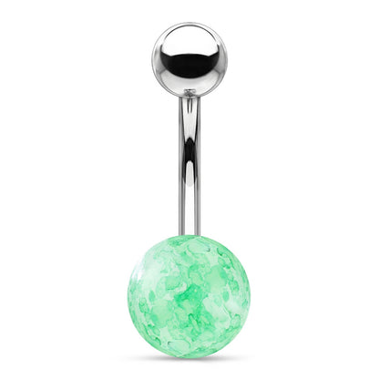 A green faux dazzle cracked stone belly button ring pictured against a white background.