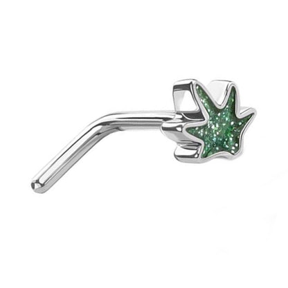 Green Glitter Marijuana Leaf Nose Ring 20G L Bend 316L Surgical Steel Silver
