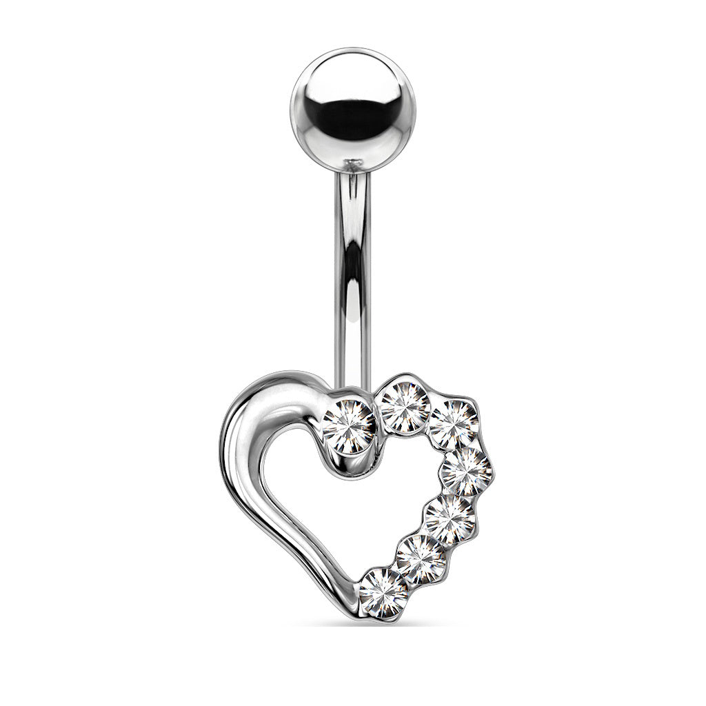 Hollow heart-shaped belly button ring with clear gemstones on a white background.
