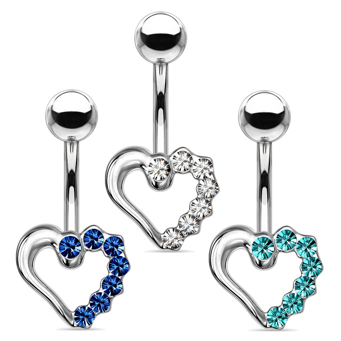Hollow heart-shaped belly button rings with blue, clear, and aqua gemstones on a white background.