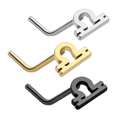 Libra Zodiac L Bend Nose Stud 20G 1/4" 316L Surgical Steel Nose Ring in silver, gold, and black on a white background.