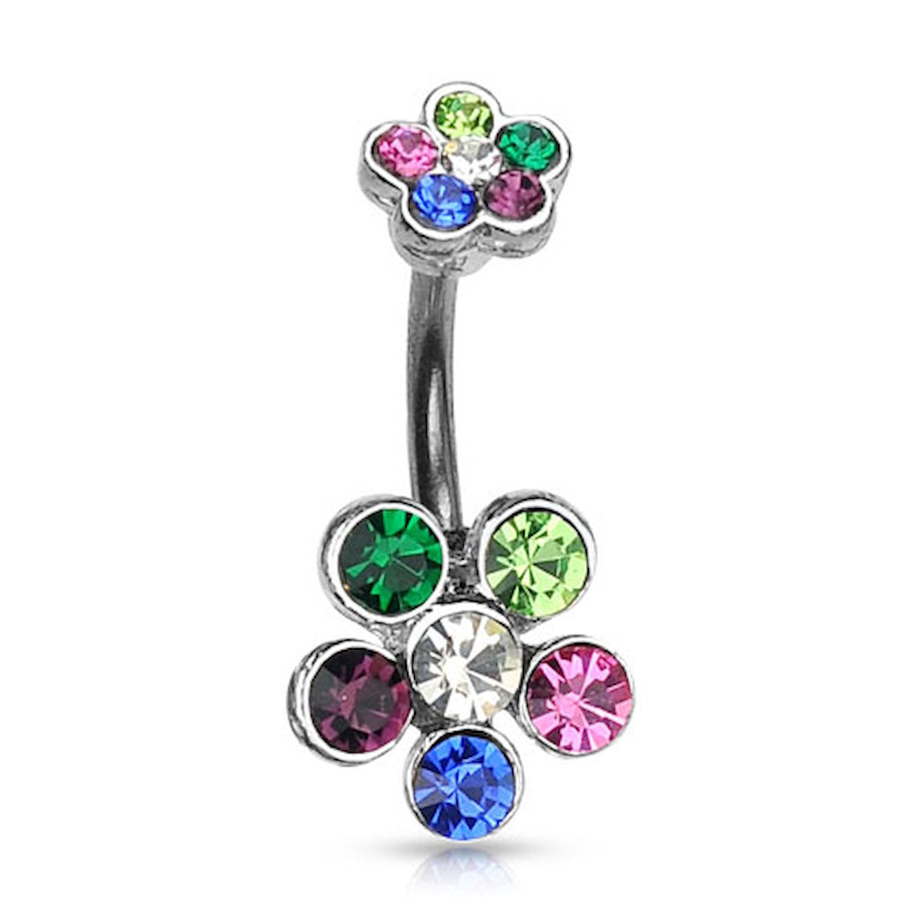 A flower belly button ring with multicolor gemstone petals on a white background.