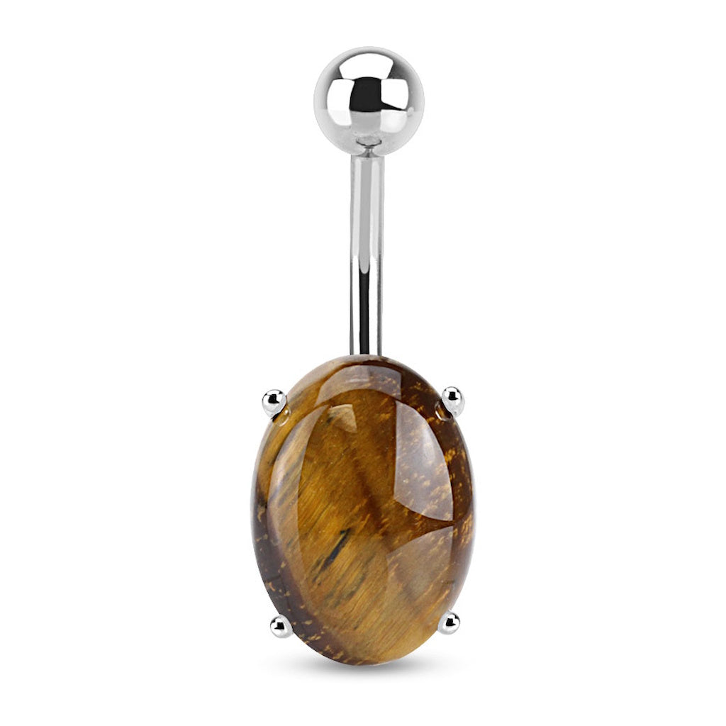 Belly button ring with a tiger's eye oval gemstone on a white background.