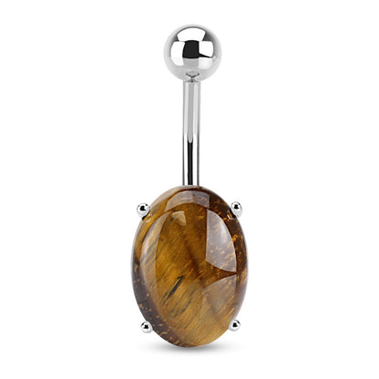 Belly button ring with a tiger's eye oval gemstone on a white background.