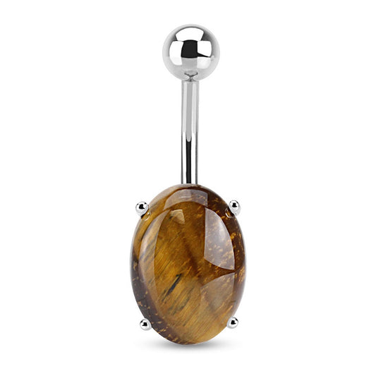 Belly button ring with a tiger's eye oval gemstone on a white background.
