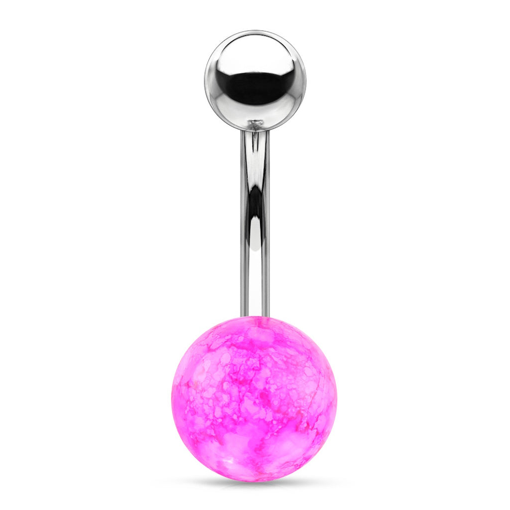 A pink faux dazzle cracked stone belly button ring pictured against a white background.