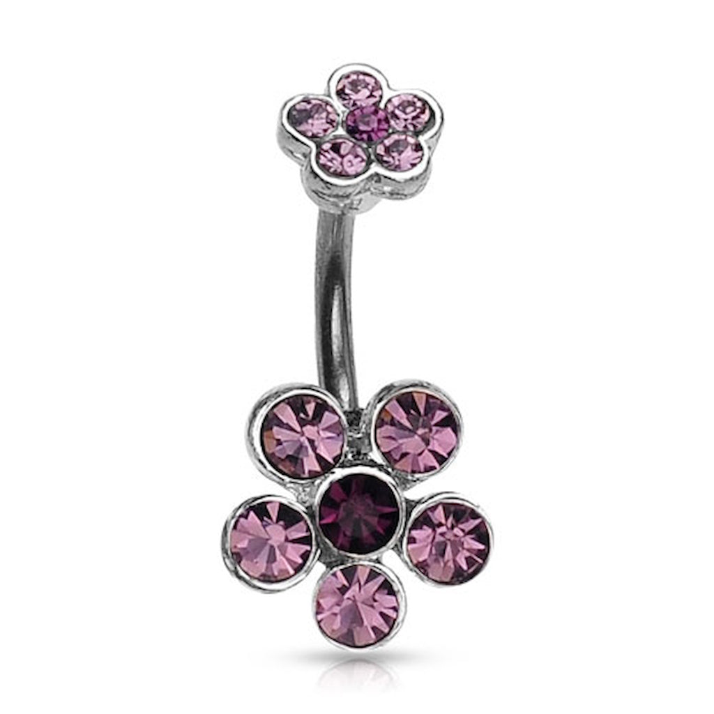 A flower belly button ring with purple gemstone petals on a white background.