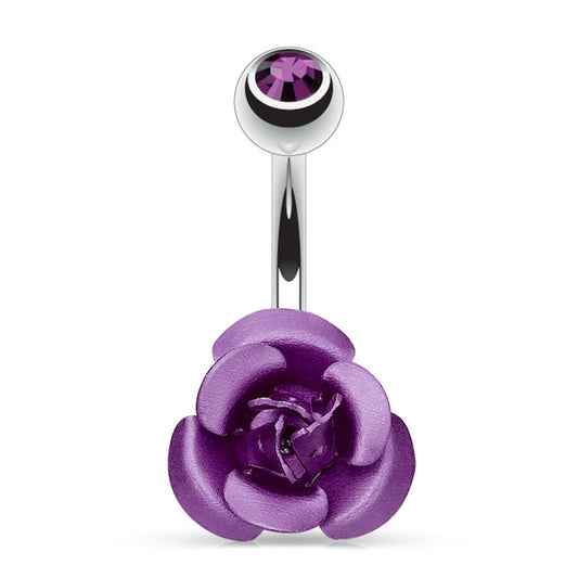 Purple Rose Metal Flower Belly Ring 14G 316L Surgical Steel on a white background.