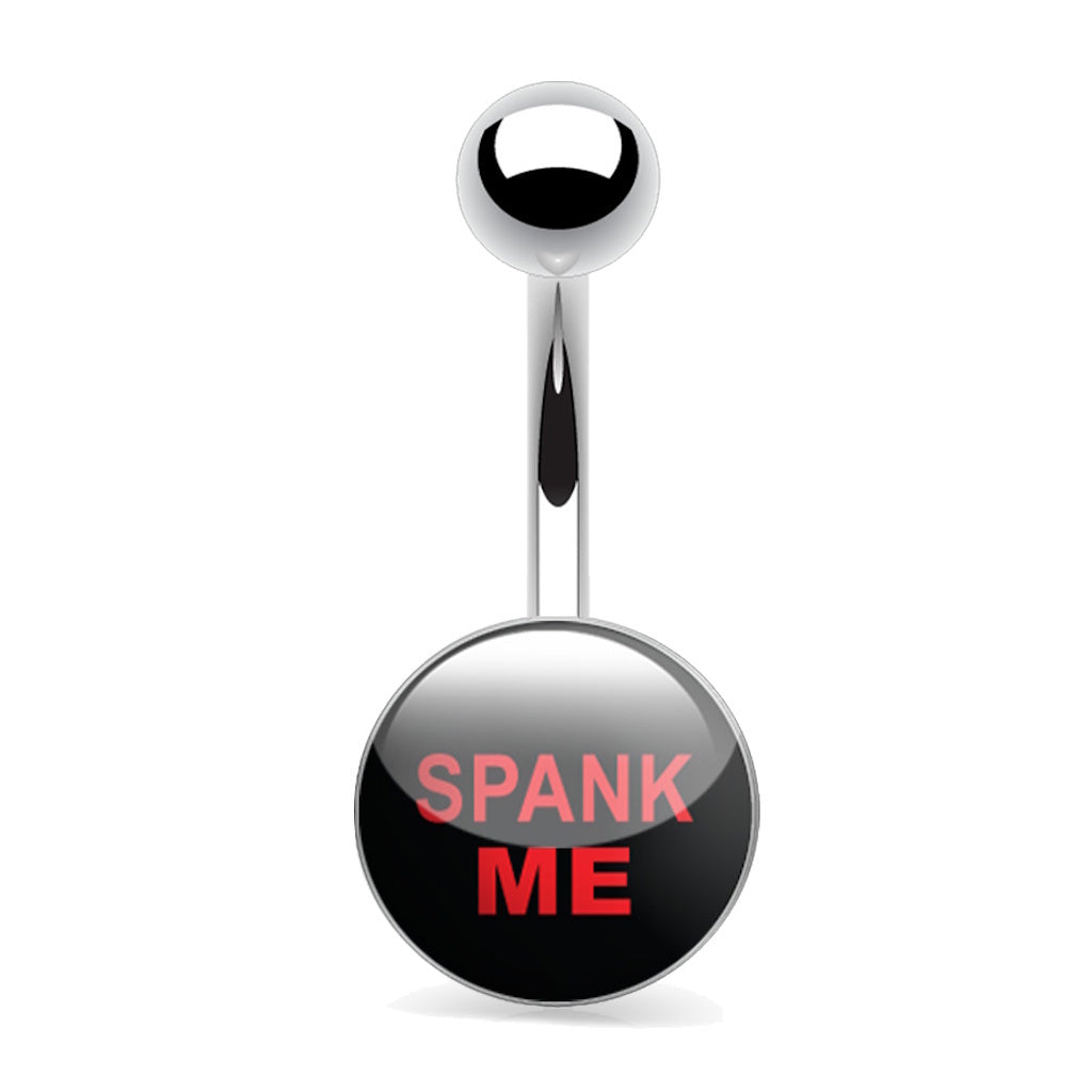 Belly button ring with 'SPANK ME' text on a black background
