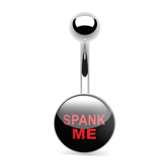 Belly button ring with 'SPANK ME' text on a black background
