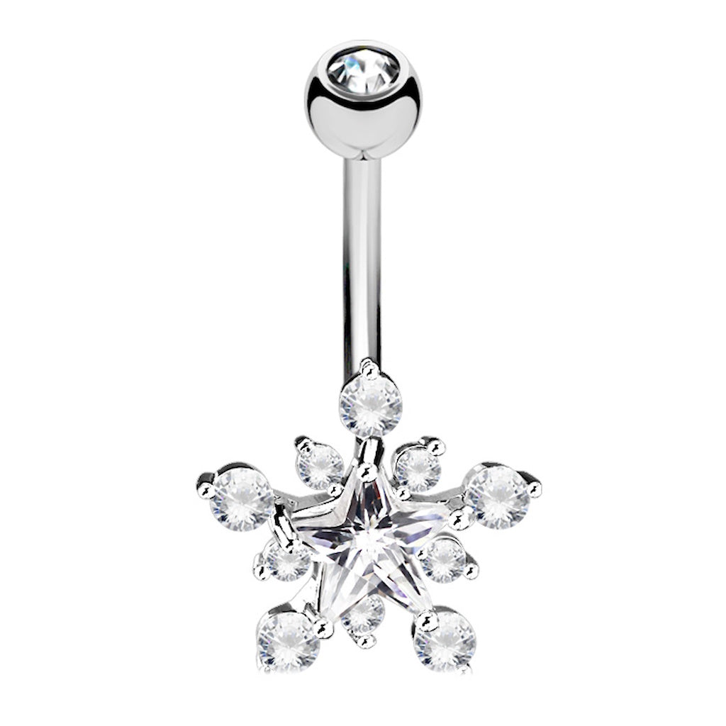 Silver belly button ring with a cubic zirconia crystal star design on a white background.