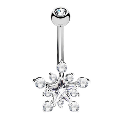 Silver belly button ring with a cubic zirconia crystal star design on a white background.