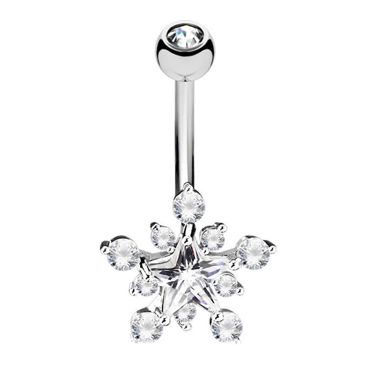 Silver belly button ring with a cubic zirconia crystal star design on a white background.