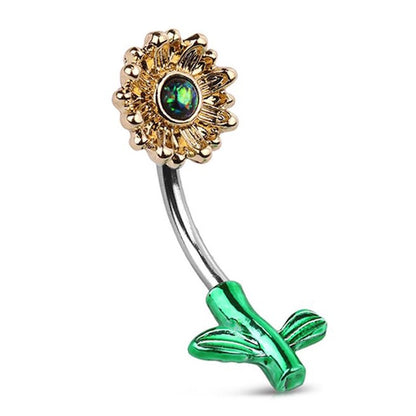 Gold and green sunflower belly button bar on a white background.