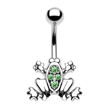 Frog-shaped belly button ring with green gemstones on a white background.