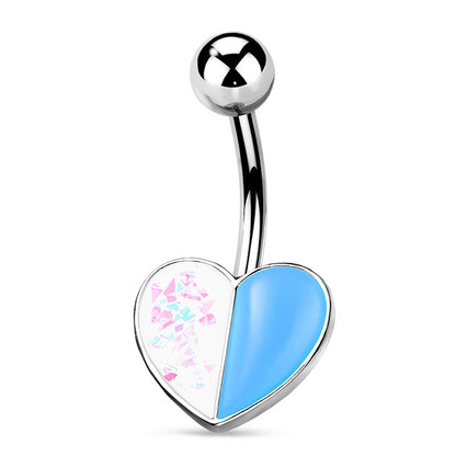 Heart-shaped belly button ring with half blue and half white design on a white background
