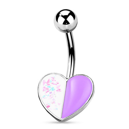 Heart-shaped belly button ring with purple and white design on a white background