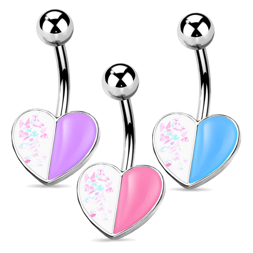 Two tone heart belly button rings in purple, pink, blue, and white on a white background.